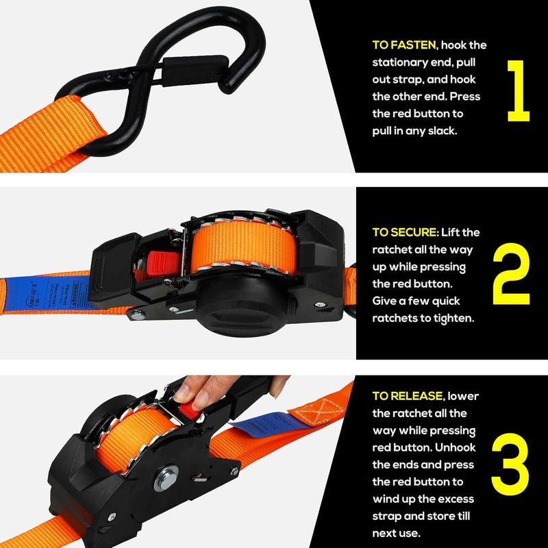 ANLU LOAD ANLULOAD Retractable Ratchet Strap(1 in x 9.8 ft),Ratchet Tie Down Strap for Motorcycles, Boats,Atvs,Utvs.W.L.L:700 Lbs/B.S:2,100 Lbs-(4Packs) (Orange) - Image 5